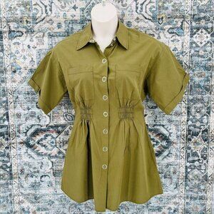 Zara Snap Front Dress Size L Elastic Cinch Waist Army Green SHort Sleeve Collar